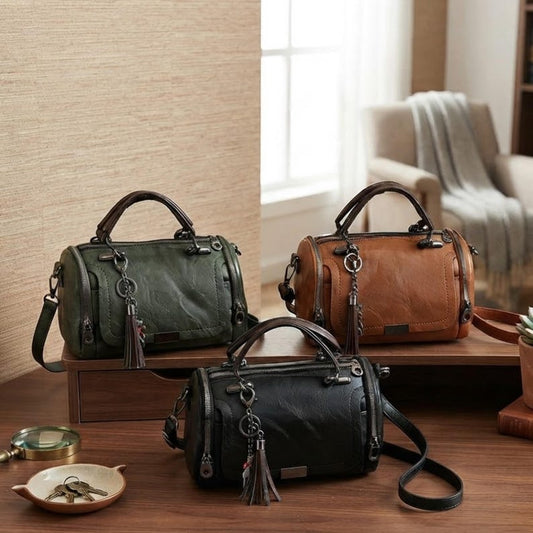 Vintage Style Barrel Crossbody Bag High Quality PU Leather Rustic Accessory Personalized Gift Timeless Artisan Handbag with Tassel Detail