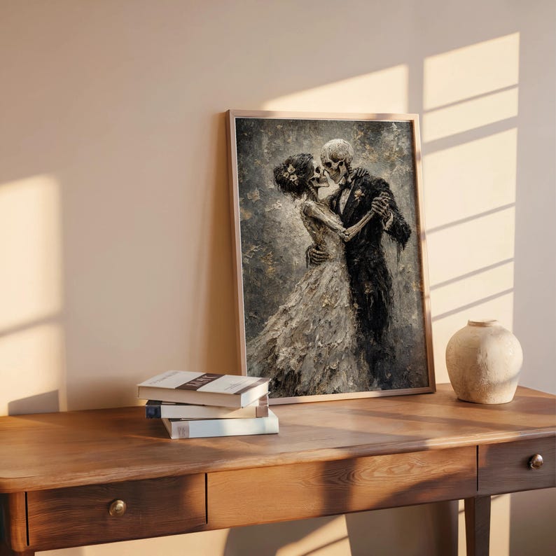 Skeletons Dancing Print, Gothic Romantic Couple Decor, Dark Academia Macabre Painting, Halloween Moody Wall Art, Victorian Occult Lovers Art