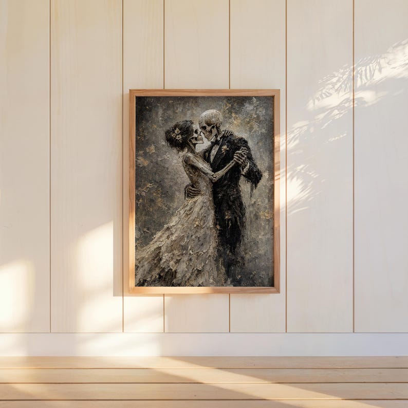Skeletons Dancing Print, Gothic Romantic Couple Decor, Dark Academia Macabre Painting, Halloween Moody Wall Art, Victorian Occult Lovers Art