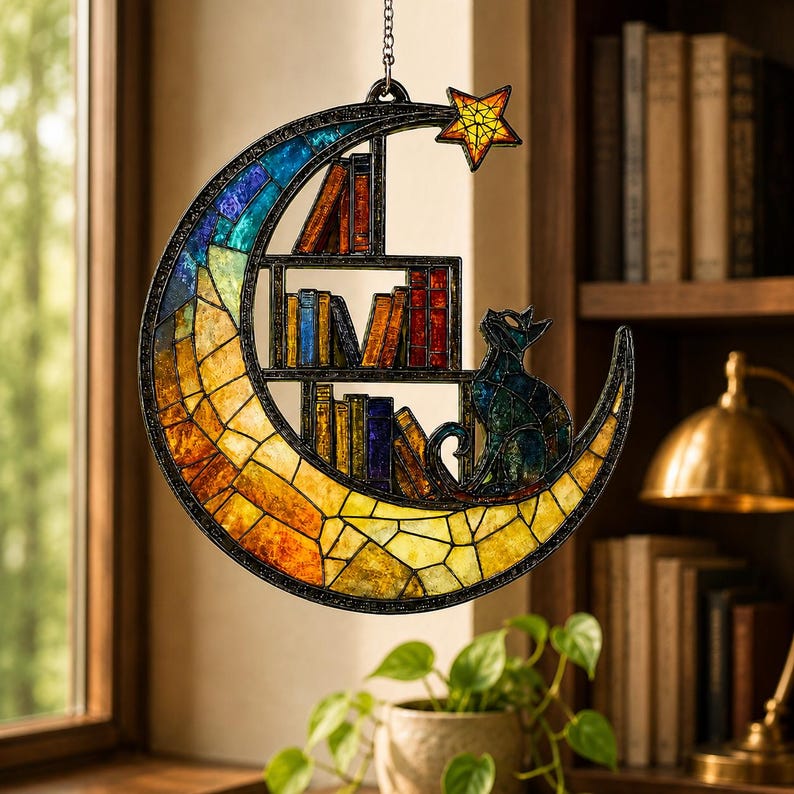 Moon Cat Library Suncatcher, Book Lover Window Decor,  Cat Lover Gift