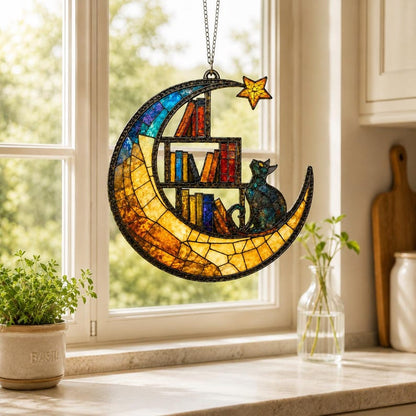 Moon Cat Library Suncatcher, Book Lover Window Decor,  Cat Lover Gift