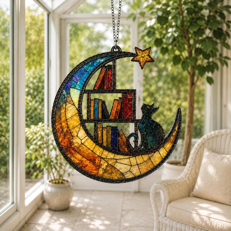 Moon Cat Library Suncatcher, Book Lover Window Decor,  Cat Lover Gift