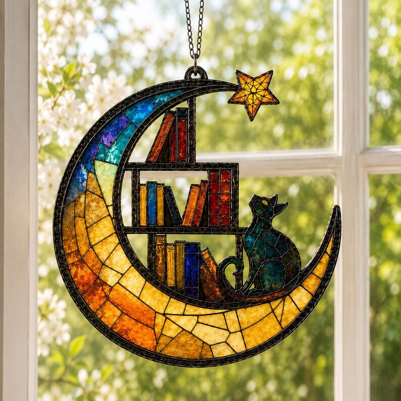 Moon Cat Library Suncatcher, Book Lover Window Decor,  Cat Lover Gift