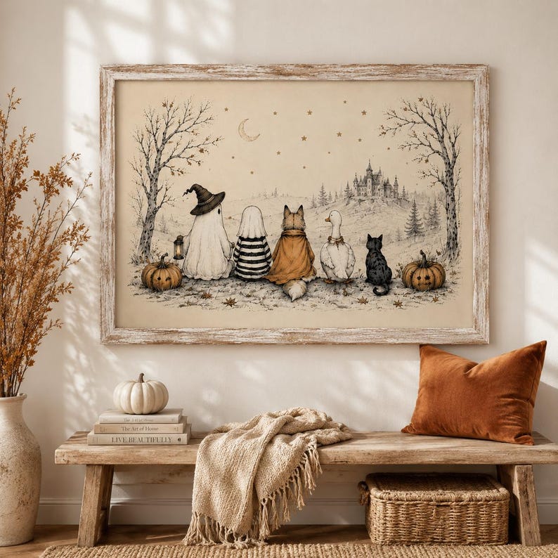 Whimsical Halloween Friends Wall Art, Ghost Fox Goose and Black Cat Poster, Vintage Cottagecore Fall Decor, Spooky Season Print