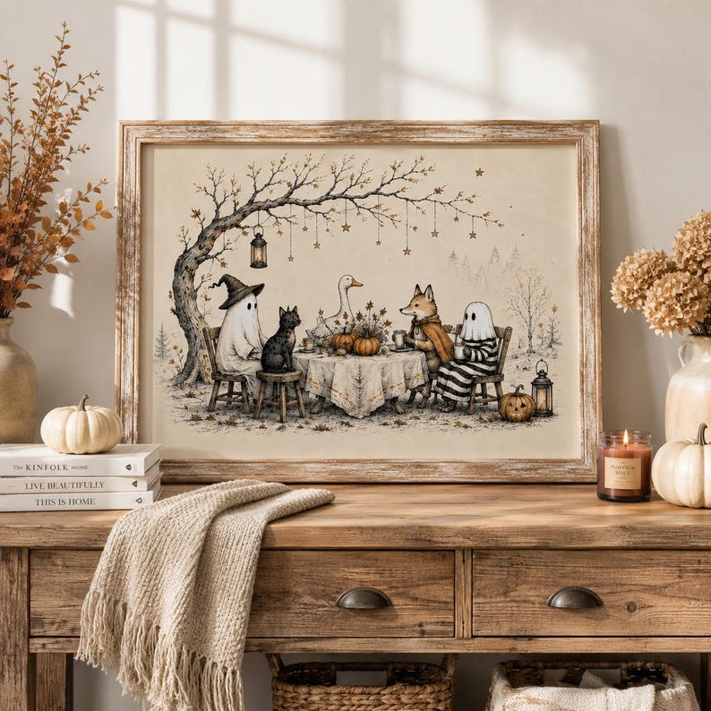 Whimsical Halloween Friends Wall Art, Ghost Fox Goose and Black Cat Poster, Vintage Cottagecore Fall Decor, Spooky Season Print