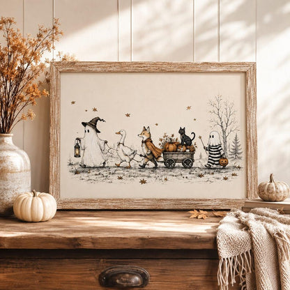 Whimsical Halloween Friends Wall Art, Ghost Fox Goose and Black Cat Poster, Vintage Cottagecore Fall Decor, Spooky Season Print