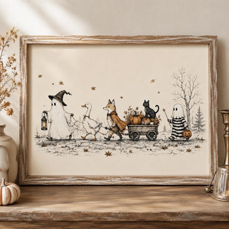 Whimsical Halloween Friends Wall Art, Ghost Fox Goose and Black Cat Poster, Vintage Cottagecore Fall Decor, Spooky Season Print