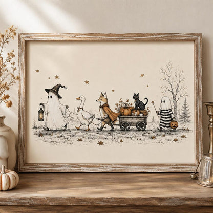 Whimsical Halloween Friends Wall Art, Ghost Fox Goose and Black Cat Poster, Vintage Cottagecore Fall Decor, Spooky Season Print