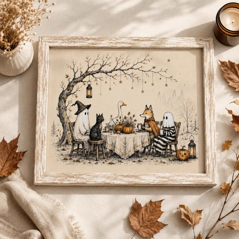 Whimsical Halloween Friends Wall Art, Ghost Fox Goose and Black Cat Poster, Vintage Cottagecore Fall Decor, Spooky Season Print