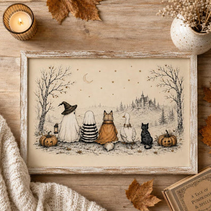 Whimsical Halloween Friends Wall Art, Ghost Fox Goose and Black Cat Poster, Vintage Cottagecore Fall Decor, Spooky Season Print