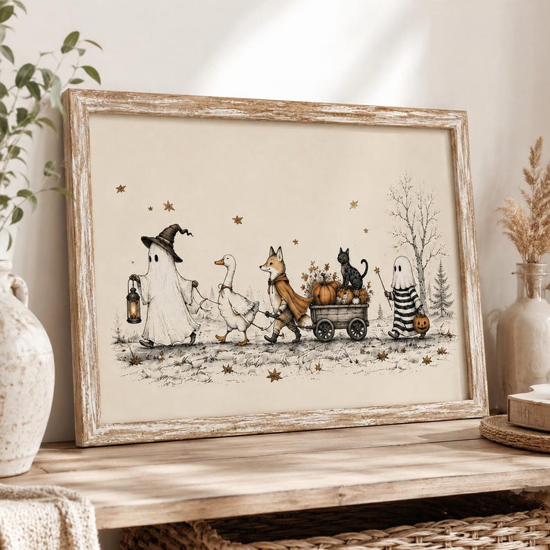 Whimsical Halloween Friends Wall Art, Ghost Fox Goose and Black Cat Poster, Vintage Cottagecore Fall Decor, Spooky Season Print