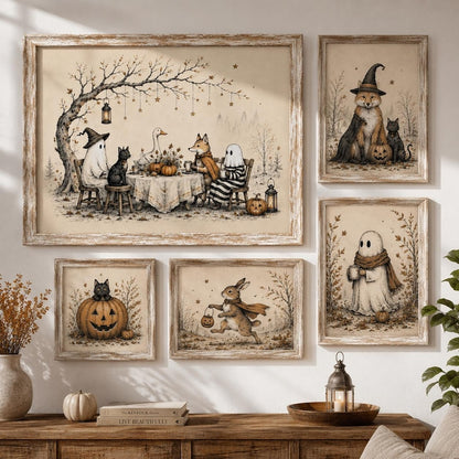 Whimsical Halloween Friends Wall Art, Ghost Fox Goose and Black Cat Poster, Vintage Cottagecore Fall Decor, Spooky Season Print