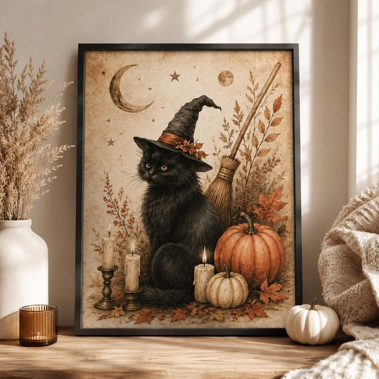 Black Cat Witch Wall Art, Vintage Style Halloween Poster, Cottagecore Pumpkin Print, Gothic Fall Decor, Gift for Cat and Witch Lovers