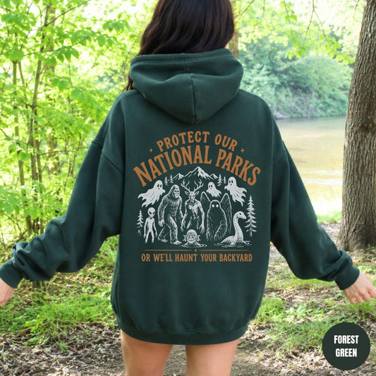 Protect Our National Parks Hoodie, Cryptid Halloween Hoodie, Bigfoot Mothman Cryptid Outdoor Nature Graphic Camping Summerween Hoodie