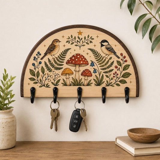 Woodland Bird Key Holder, Mushroom Botanical Wall Rack, Rustic Wooden Entryway Decor
