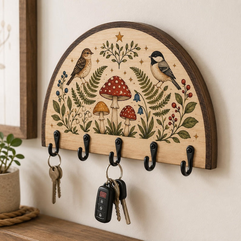 Woodland Bird Key Holder, Mushroom Botanical Wall Rack, Rustic Wooden Entryway Decor