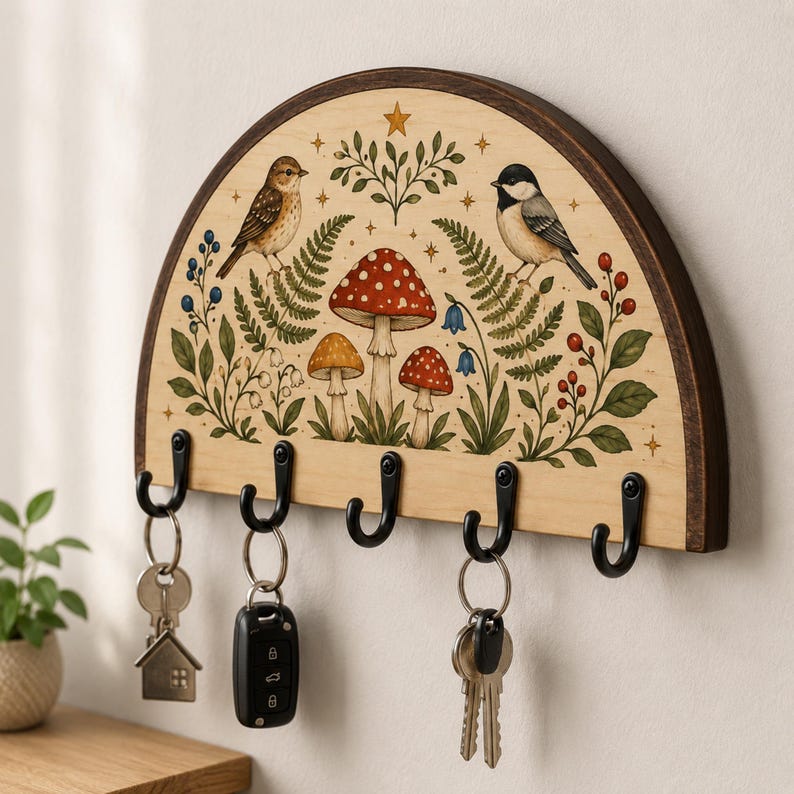 Woodland Bird Key Holder, Mushroom Botanical Wall Rack, Rustic Wooden Entryway Decor