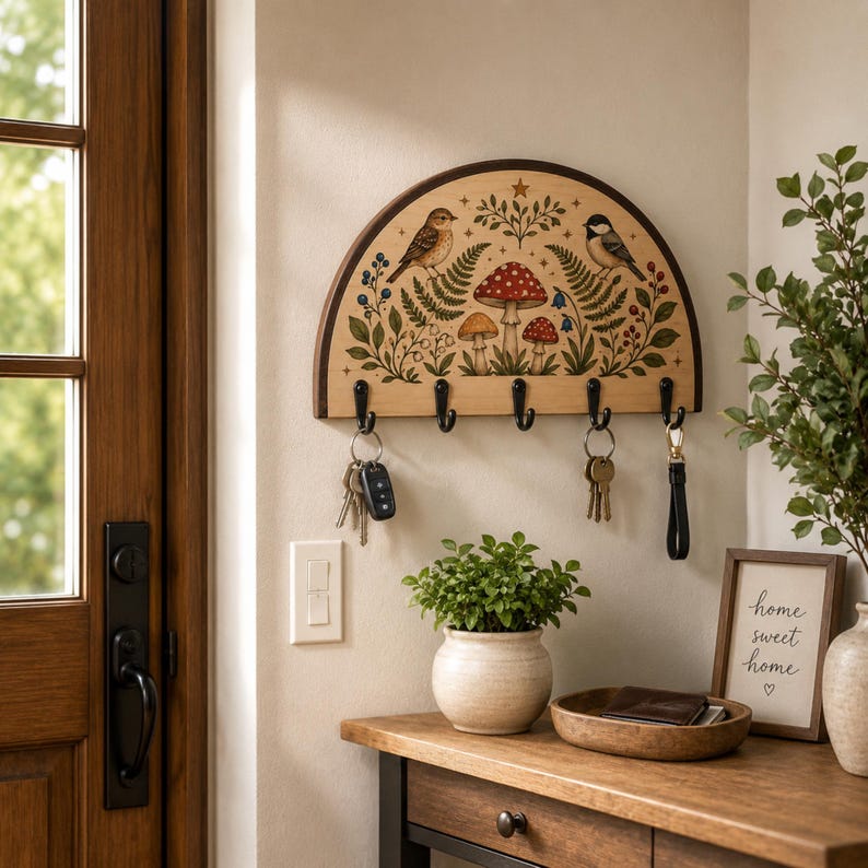 Woodland Bird Key Holder, Mushroom Botanical Wall Rack, Rustic Wooden Entryway Decor