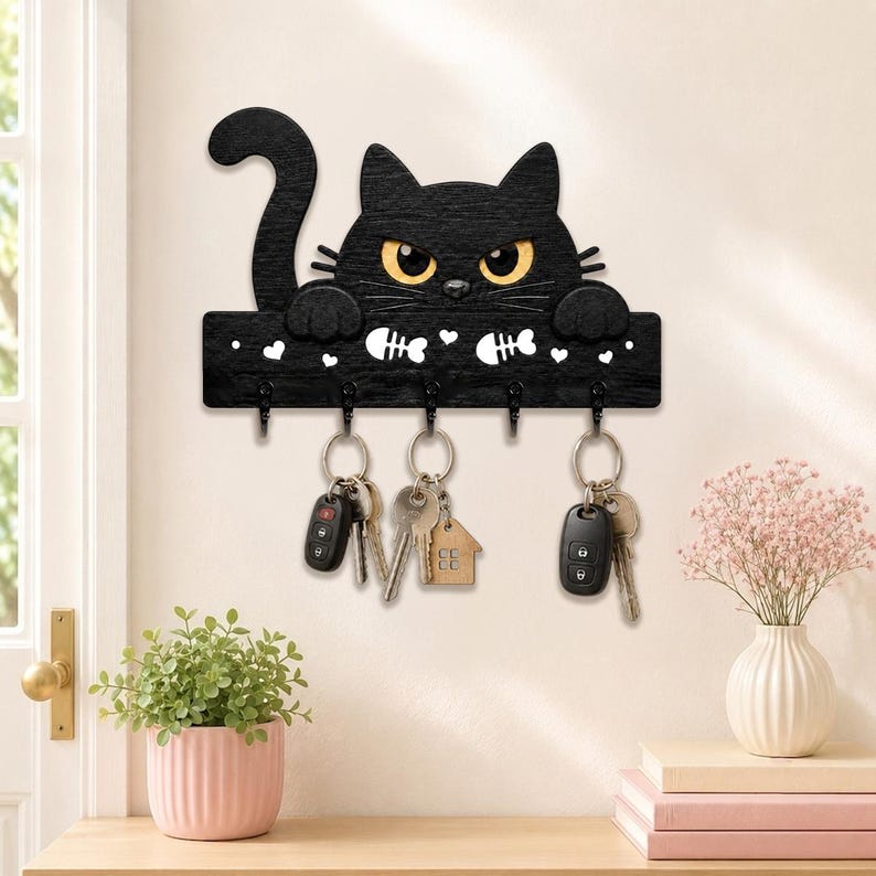 Black Cat Key Holder, Funny Wooden Wall Rack, Pet Lover Entryway Organizer