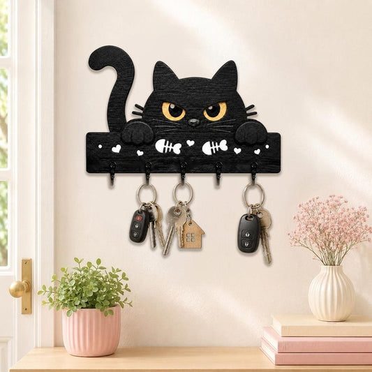 Black Cat Key Holder, Funny Wooden Wall Rack, Pet Lover Entryway Organizer