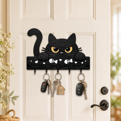 Black Cat Key Holder, Funny Wooden Wall Rack, Pet Lover Entryway Organizer