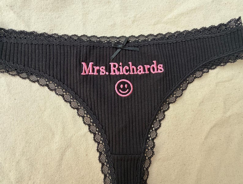 Embroidered Bridal Thong, Personalized Bride Lingerie, Custom Name Underwear, Bachelorette Gift, Wedding Gift for Her