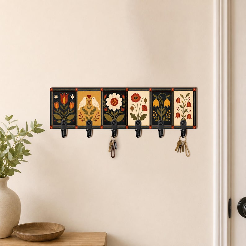 Folk Art Botanical Floral Wooden Key Holder: Scandinavian Bird Wall Hook, Vintage Decor Gift