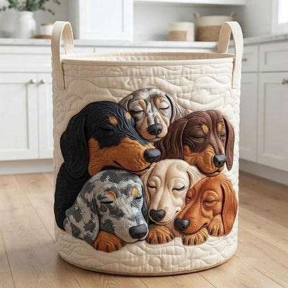 Sleeping Dachshund Quilted Laundry Basket: Botanical Dog Animal Storage Bin, Quilted Fabric Hamper