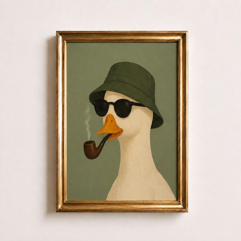 Smoking Duck Poster, Cool Duck with Sunglasses Wall Art, Funny Animal Portrait Print, Sage Green Man Cave Decor, Duck Lover Gift Idea