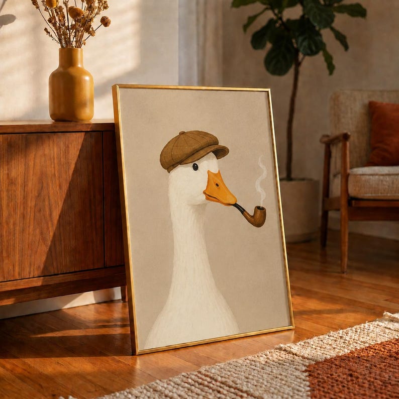 Smoking Duck Poster, Vintage Gentleman Duck Wall Art, Duck in Flat Cap Print, Beige Man Cave Decor, Funny Animal Portrait, Duck Lover Gift