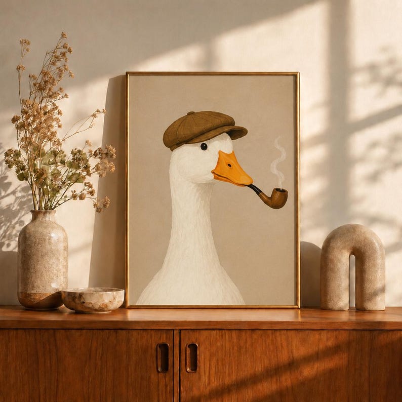 Smoking Duck Poster, Vintage Gentleman Duck Wall Art, Duck in Flat Cap Print, Beige Man Cave Decor, Funny Animal Portrait, Duck Lover Gift