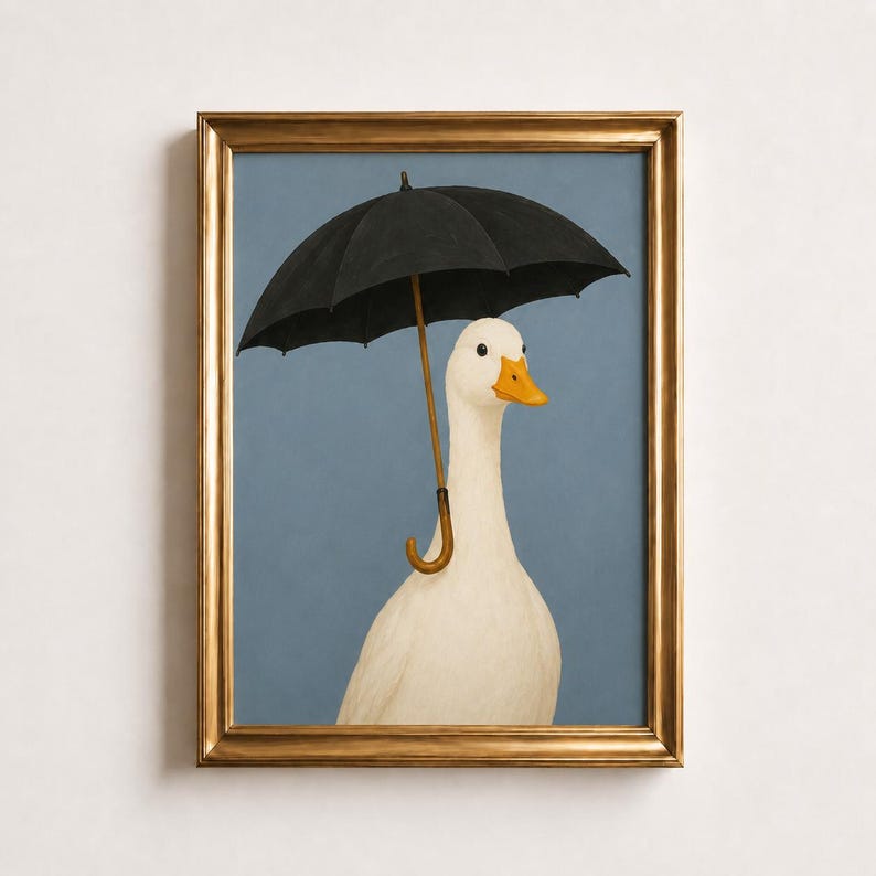 Duck with Umbrella Poster, Whimsical Duck Wall Art, Funny Animal Portrait Print, Blue Grey Bathroom Decor, Rainy Day Art, Duck Lover Gift