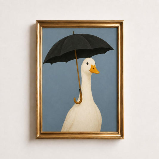 Duck with Umbrella Poster, Whimsical Duck Wall Art, Funny Animal Portrait Print, Blue Grey Bathroom Decor, Rainy Day Art, Duck Lover Gift