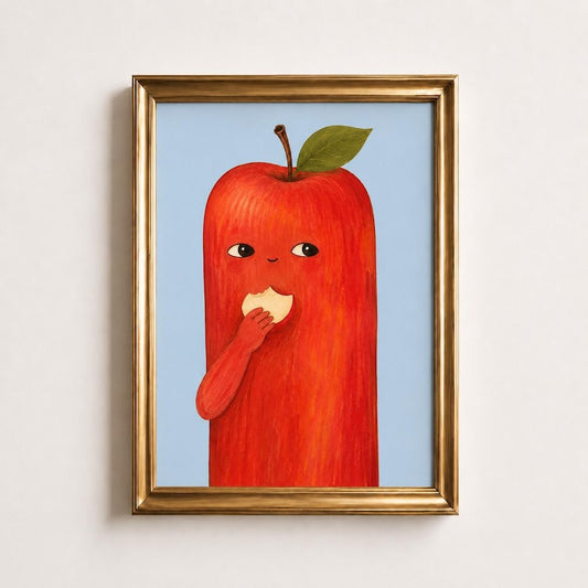 Applebalism art print, apple eating an apple, funny blue fruit kitchen art, housewarming gift, hand-drawn original artwork, multiple sizes