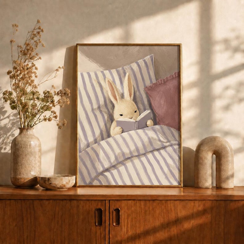 Reading Bunny Oil Painting Poster, Rabbit in Bed with Book Print, Lilac Nursery Wall Art, Cozy Kids Bedroom Decor, Book Lover Gift Idea