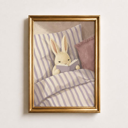 Reading Bunny Oil Painting Poster, Rabbit in Bed with Book Print, Lilac Nursery Wall Art, Cozy Kids Bedroom Decor, Book Lover Gift Idea