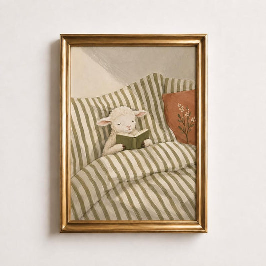 Reading Lamb Oil Painting Poster, Baby Sheep in Bed with Book Print, Sage Green Nursery Wall Art, Cozy Farmhouse Decor, Baby Shower Gift