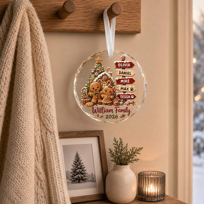 Personalized Family Christmas Ornament 2026, Custom Name Gingerbread Signpost, Glass Tree Keepsake, Gift for Parents & Grandparents