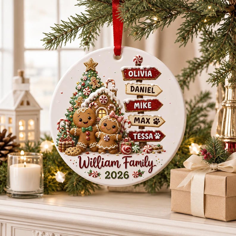 Personalized Family Christmas Ornament 2026, Custom Name Gingerbread Signpost, Glass Tree Keepsake, Gift for Parents & Grandparents