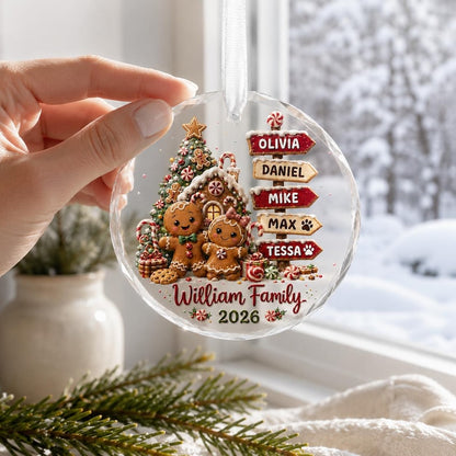 Personalized Family Christmas Ornament 2026, Custom Name Gingerbread Signpost, Glass Tree Keepsake, Gift for Parents & Grandparents