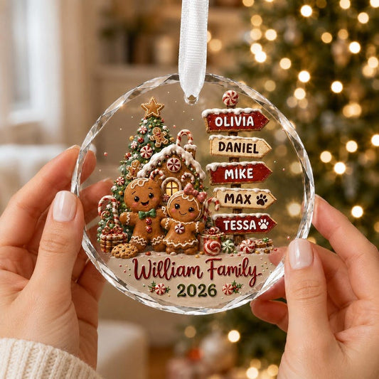 Personalized Family Christmas Ornament 2026, Custom Name Gingerbread Signpost, Glass Tree Keepsake, Gift for Parents & Grandparents