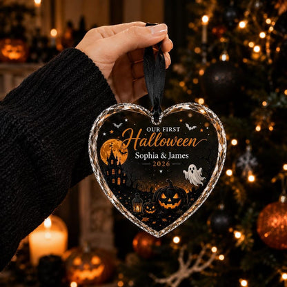 Our First Halloween Ornament, Personalized Couple Heart Keepsake with Custom Names and Year, Spooky Haunted House Pumpkin Ghost Gift 2026