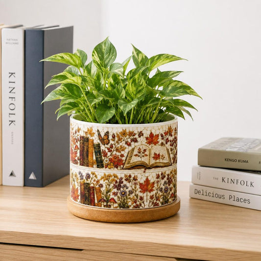 Fall Bookshelf Stained-Glass Style Plant Pot, Floral Bookcase , Bookish Decor Reading Room Art, Librarian Teacher Appreciation, Desk Plant