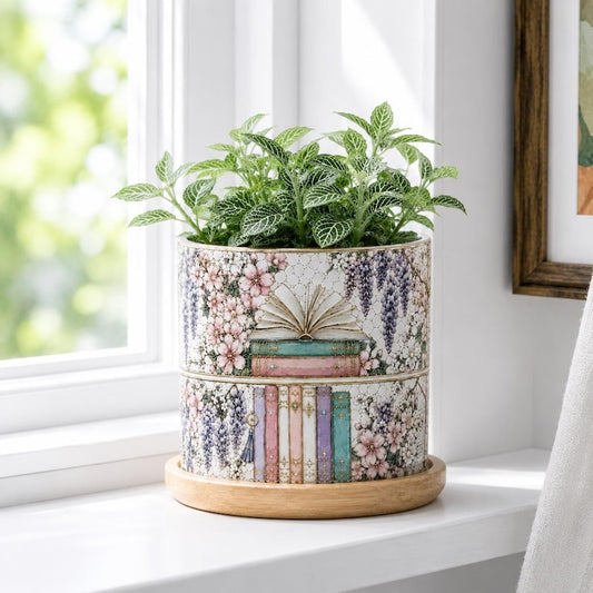 Floral Bookish Stained-Glass Style Plant Pot, Book Lover Gift, Bookish Gift For Reader, Library Decor, Librarian Bookworm Gift for Reader
