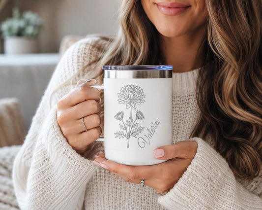 Personalized Birth Flower Mug | Engraved Insulated Coffee Mug with Name | Birthday Gift for Her | Custom Floral Travel Mug | Christmas Gift