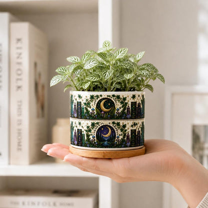 Floral Bookish Stained-Glass Style Moon & Star Plant Pot, Floral Bookshelf, Librarian Gift, Teacher Back to School Gift, Book Lover Gift