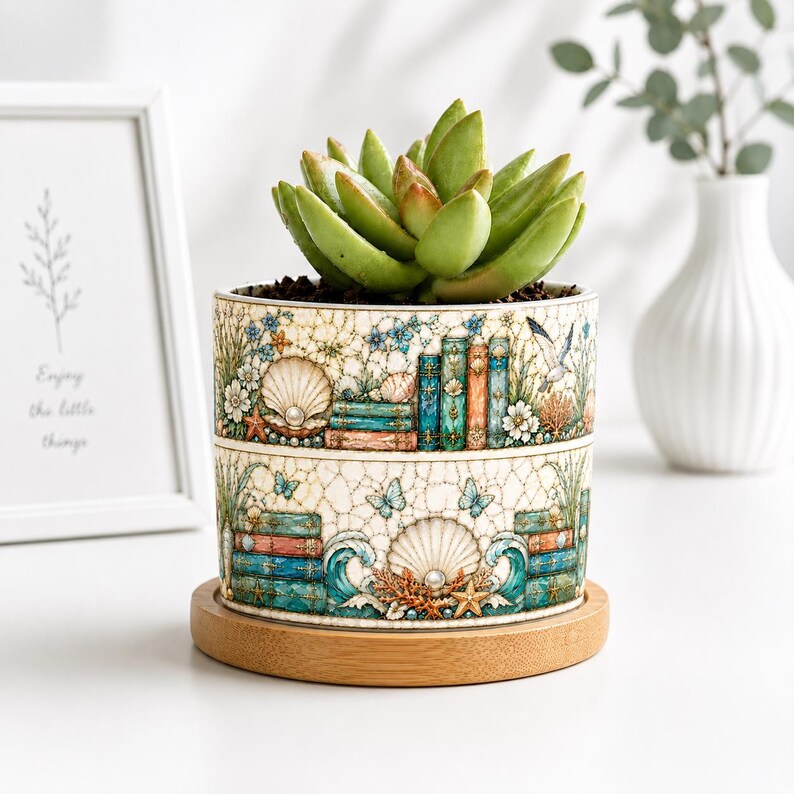 Ocean Stained Glass Bookshelf Design Plant Pot, Reader Gift, Gift for Her, Bookish Decor Reading Room Art, Librarian Teacher Appreciation