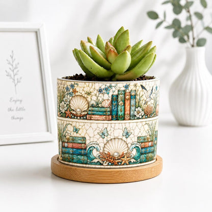 Ocean Stained Glass Bookshelf Design Plant Pot, Reader Gift, Gift for Her, Bookish Decor Reading Room Art, Librarian Teacher Appreciation