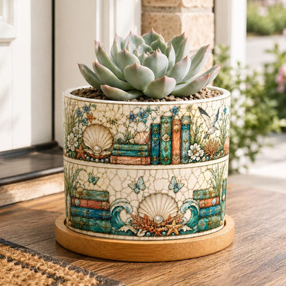 Ocean Stained Glass Bookshelf Design Plant Pot, Reader Gift, Gift for Her, Bookish Decor Reading Room Art, Librarian Teacher Appreciation
