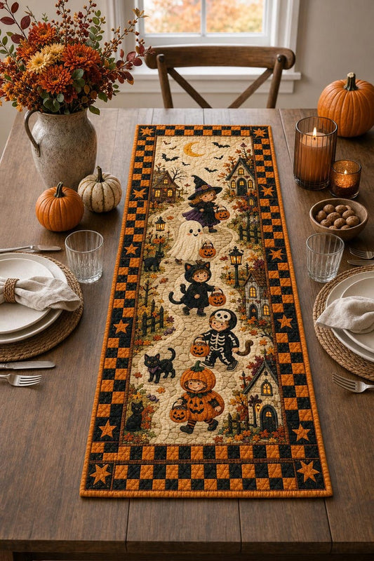 Vintage Halloween Quilted Table Runner, Spooky Village Autumn Decor